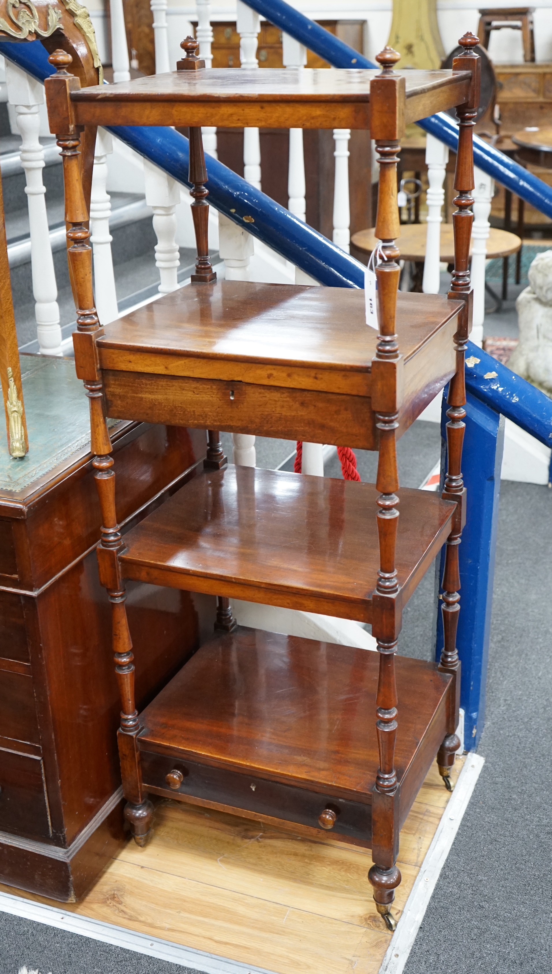 A Victorian mahogany four tier whatnot, width 47cm, depth 40cm, height 132cm